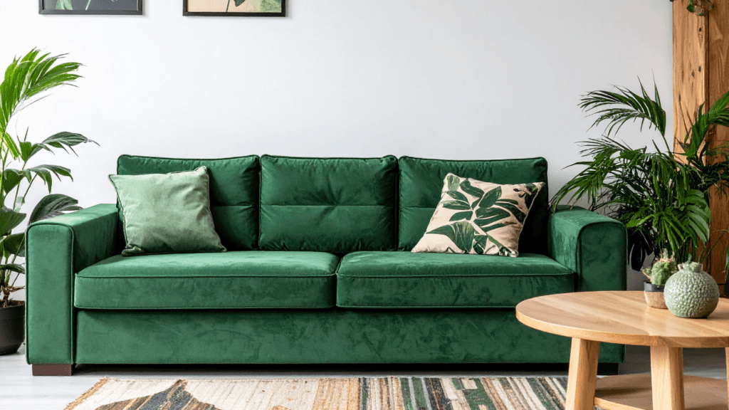 canapé vert design, avec une décoration assorti 
