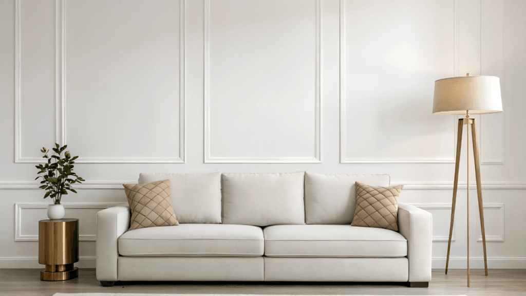 Le canapé idéal, beige accompagner d'une plante et d'une lampe 
