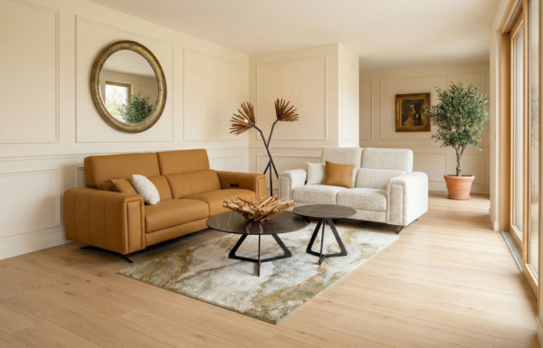 Canapé 3 places contemporain marron cognac avec têtières ajustables et commande latérale