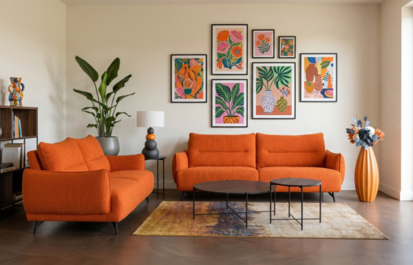 Canapé fixe orange vibrant, idéal pour apporter de la couleur et une touche dynamique à un salon moderne.